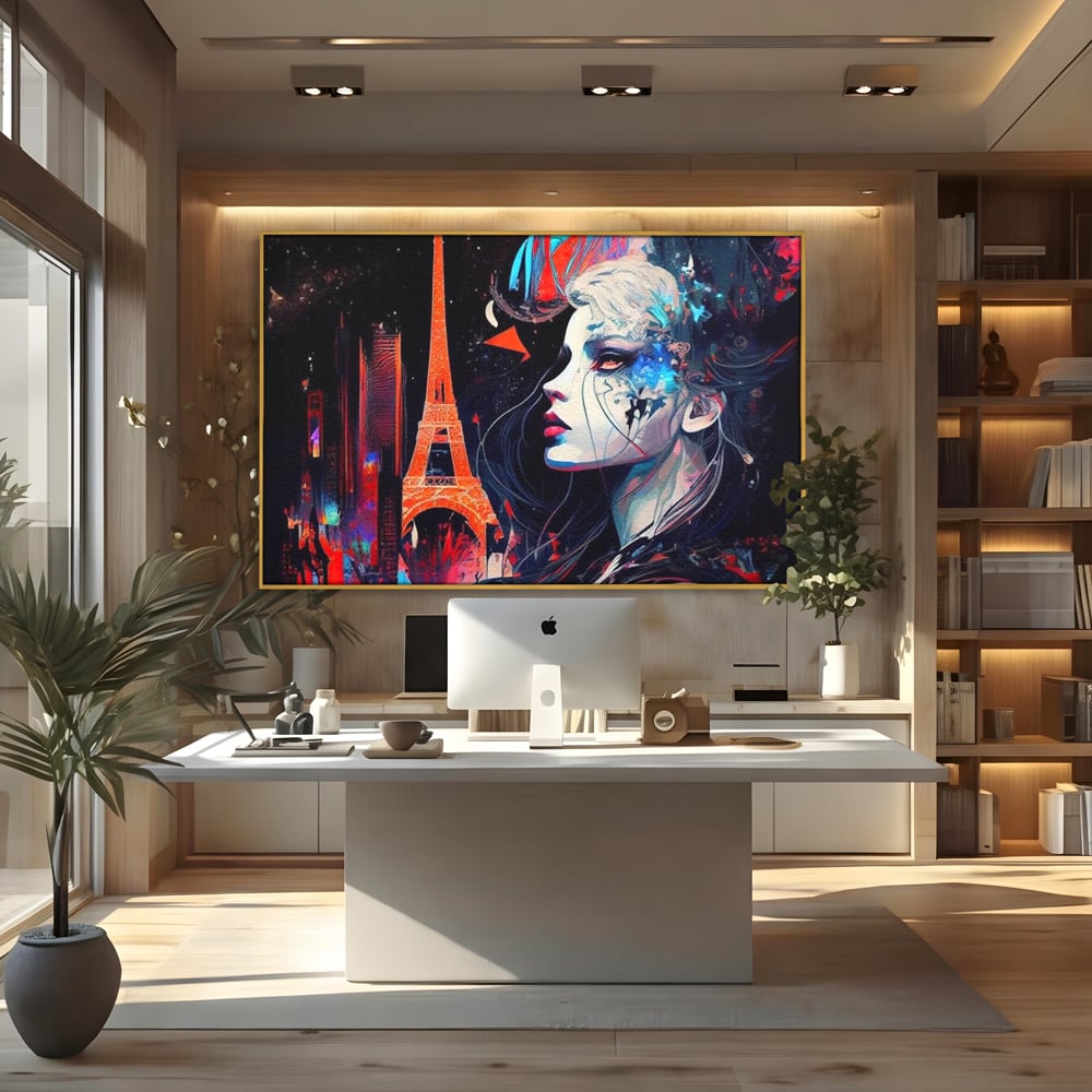 Tablou canvas cu tablou canvas cu femeie si turnul eiffel, in rama de aluminiu auriu, pe perete intr-un birou